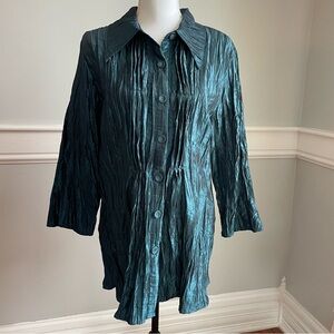 Noelle Teal Crinkle Button-Up Jacket Blouse Taffeta Size 12/14 Vtg 3/4 Sleeve